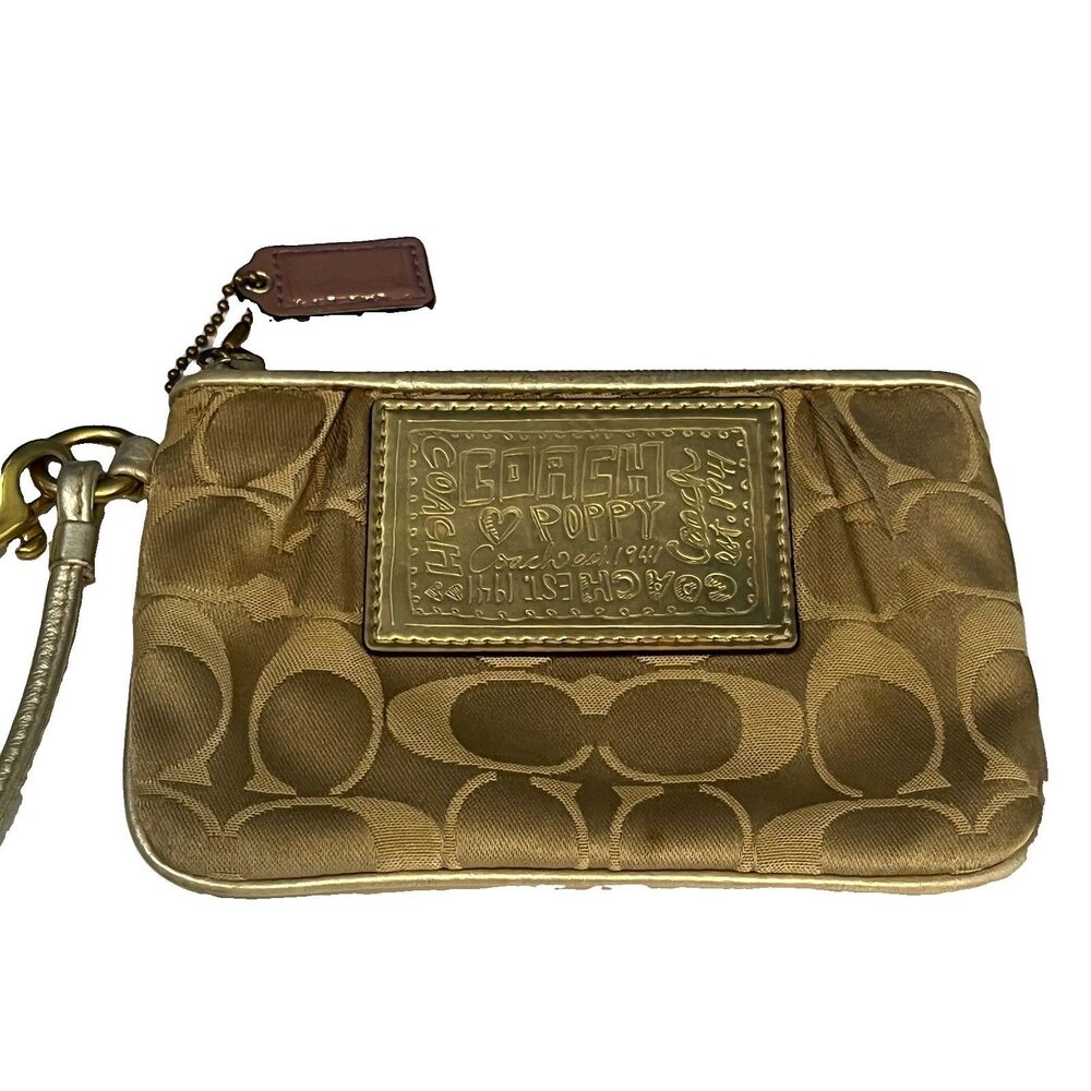 COACH Poppy Light Khaki Signature Wristlet Metallic Gold Blue Lining *Flaws